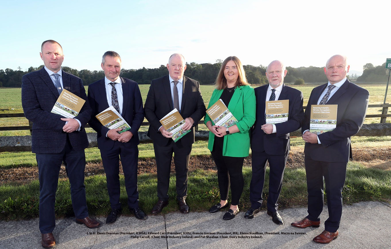 (LtoR): Denis Drennan (President, ICMSA), Edward Carr (President, ICOS), Francie Gorman (President, IFA), Elaine Houlihan, (President, Macra na Feirme), Philip Carroll, (Chair, Meat Industry Ireland) and Pat Sheahan (Chair, Dairy Industry Ireland).